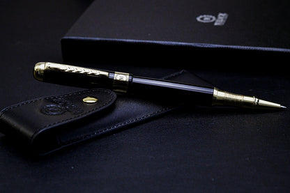 Mirage Luxury Travel Splendor Black luxury executive pen with genuine leather pen pouch, featuring a premium black stainless steel body and elegant gold-tone accents.