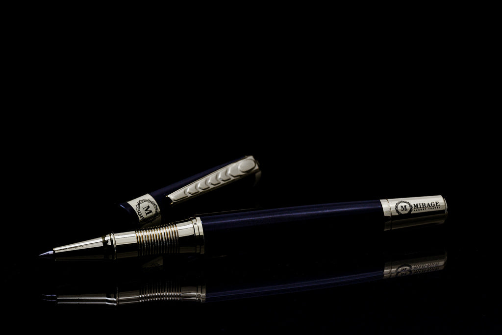 Close-up of the Mirage Luxury Travel Splendor Black luxury pen showcasing the premium stainless steel construction, gold-tone accents, and precision writing tip.