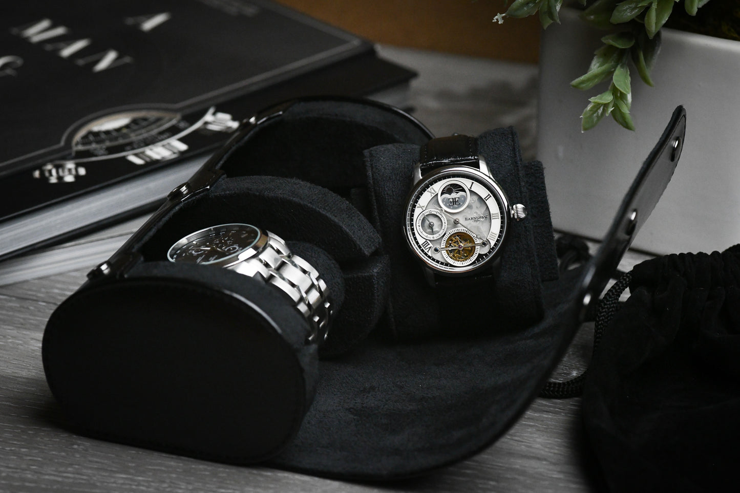 Luxury watches displayed inside the Super Black vegan leather 2 watch travel case with soft suede interior.