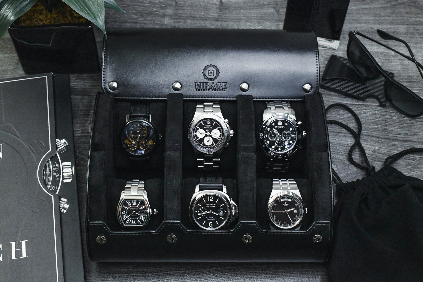 Super Black luxury 6 watch roll displayed with Rolex Omega Tudor and other luxury watches for collectors