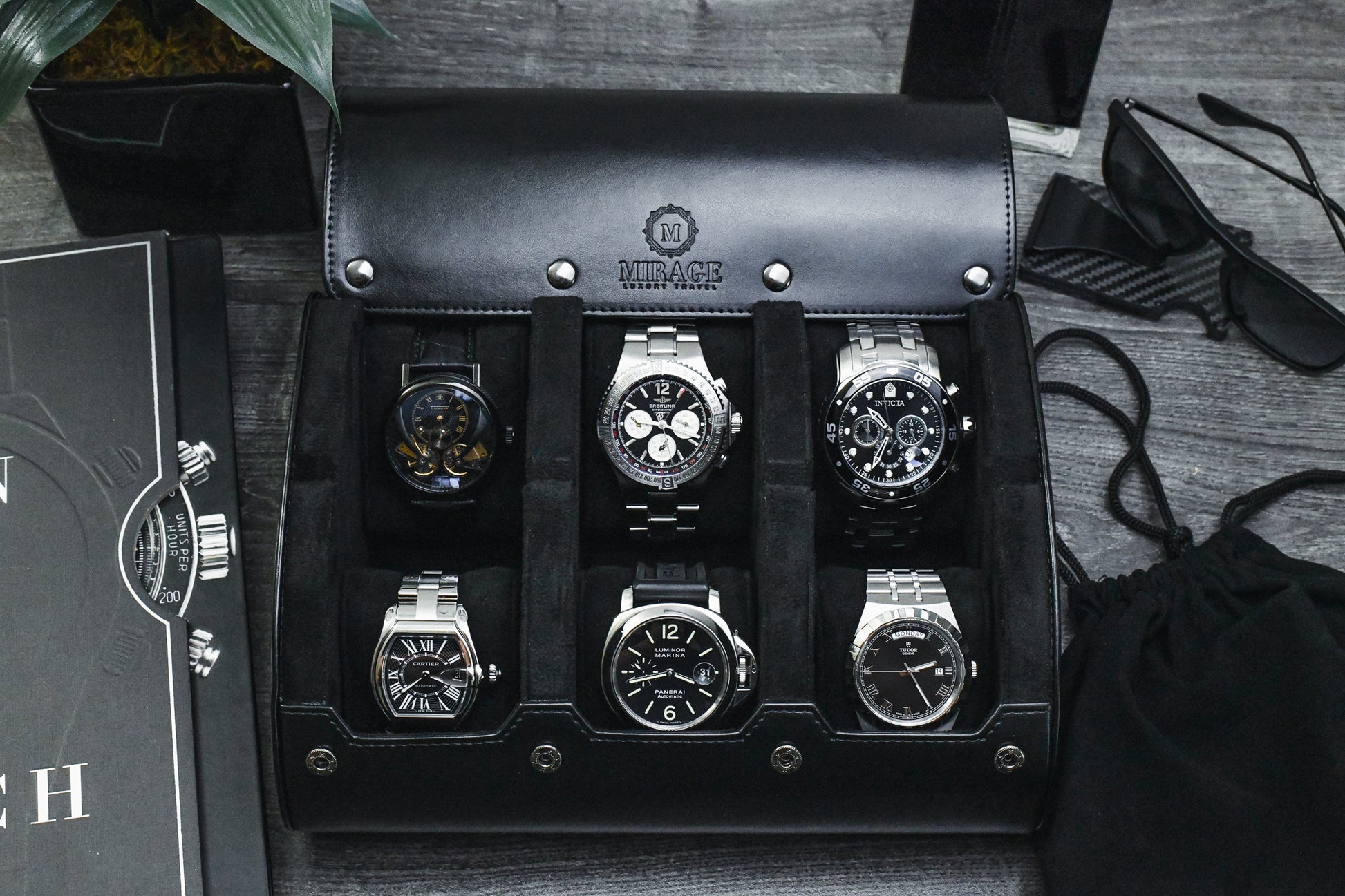 Super Black luxury 6 watch roll displayed with Rolex Omega Tudor and other luxury watches for collectors