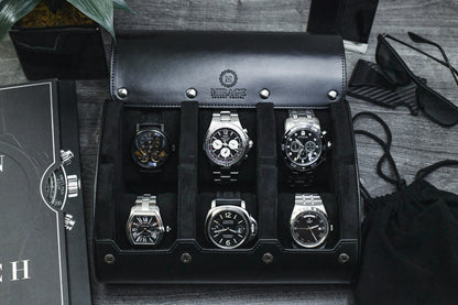 Super Black luxury 6 watch roll displayed with Rolex Omega Tudor and other luxury watches for collectors
