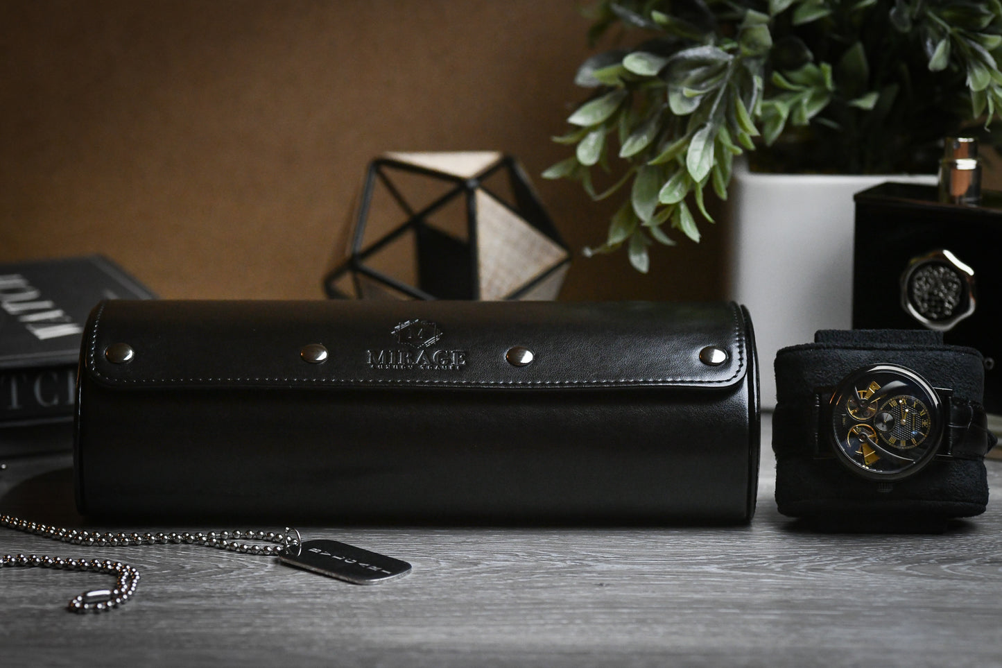 Premium Super Black vegan leather 3 watch organizer displayed on an executive desk with luxury accessories