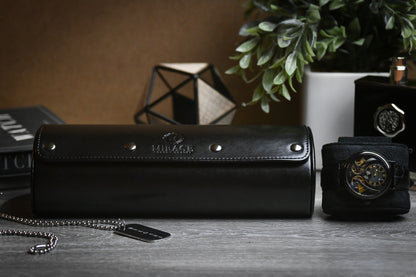Premium Super Black vegan leather 3 watch organizer displayed on an executive desk with luxury accessories
