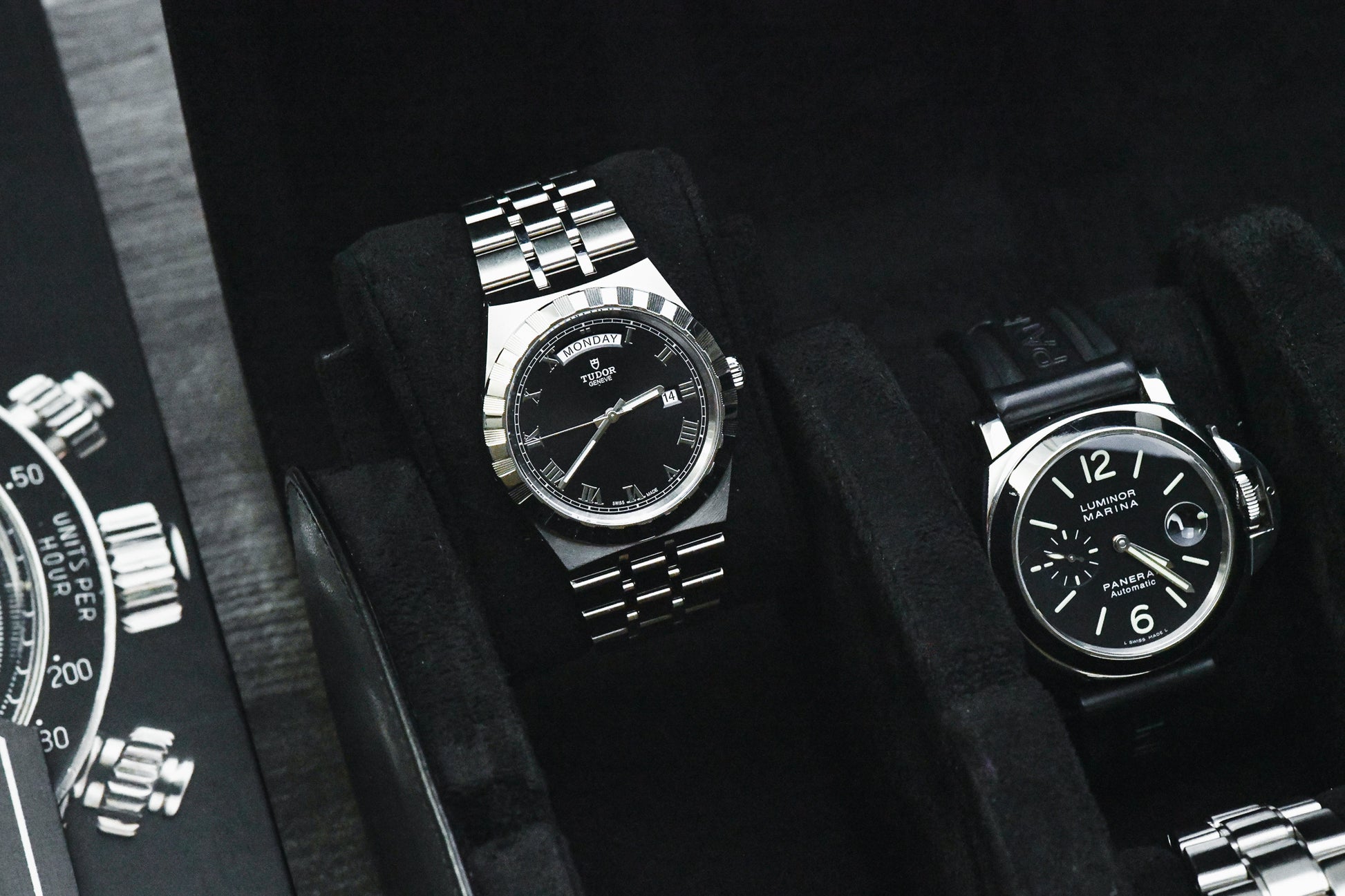 Close-up of luxury watches protected inside the Super Black premium vegan leather 6 watch storage case