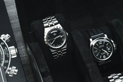 Close-up of luxury watches protected inside the Super Black premium vegan leather 6 watch storage case