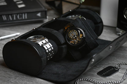 Open Super Black premium vegan leather 3 watch roll displaying luxury watch storage compartments