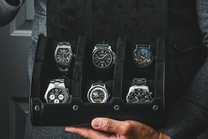 Premium Super Black 6 watch organizer displaying luxury timepieces with suede-lined interior and sliding cushions