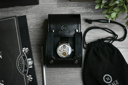 Luxury watch displayed inside the Super Black vegan leather watch roll with plush suede interior.