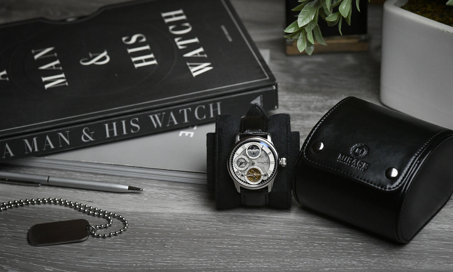 Super Black vegan leather watch roll displayed with Mirage Luxury Travel gift-ready packaging.