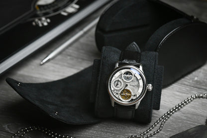 Super Black vegan leather 1 watch roll displayed with a luxury watch and premium accessories.