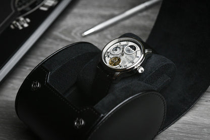 Side profile of the Super Black vegan leather 1 watch roll highlighting premium craftsmanship and secure watch protection.