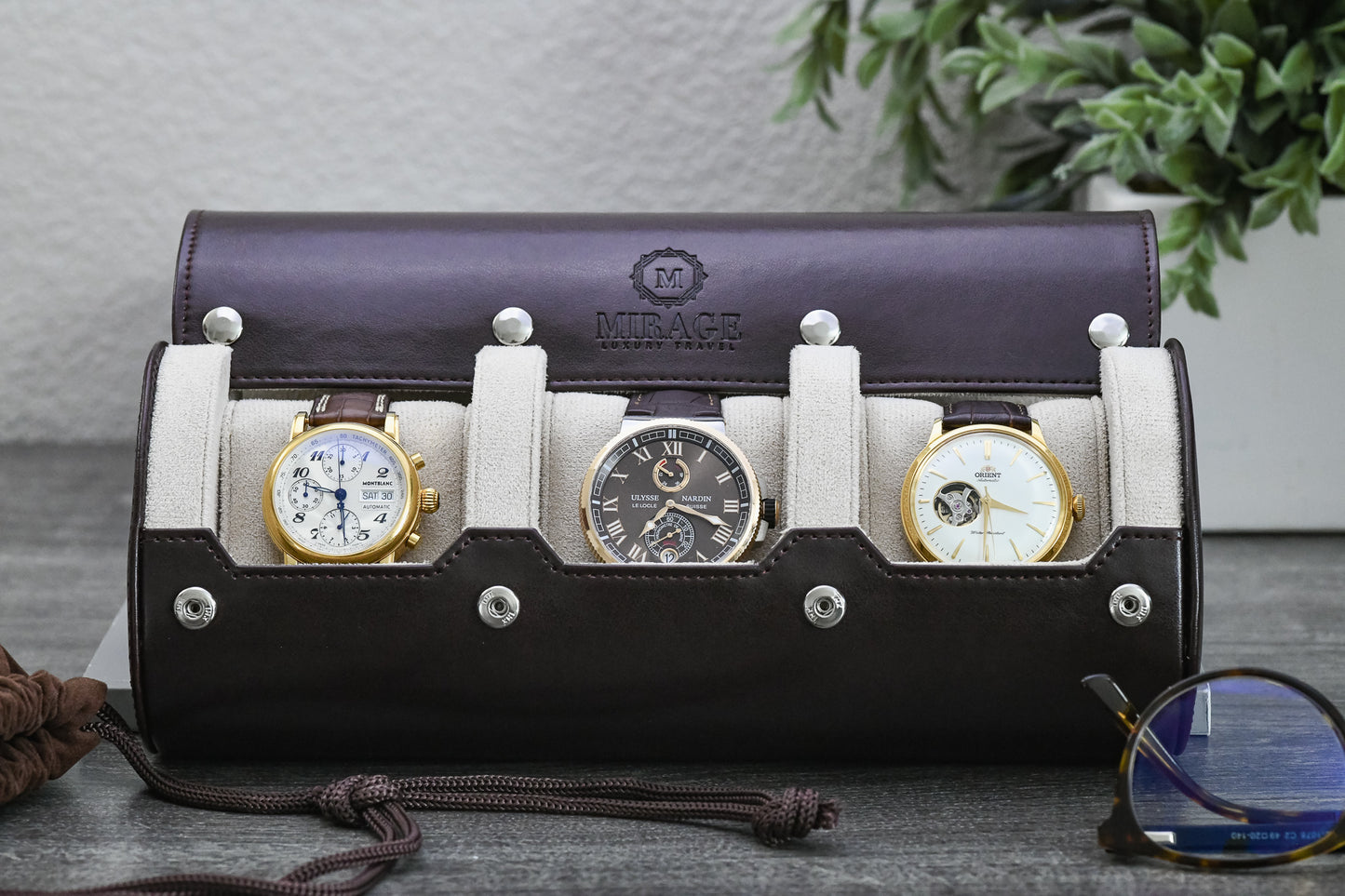 Luxury 3 watch travel case displaying three watches with premium ivory suede interior and espresso brown vegan leather exterior