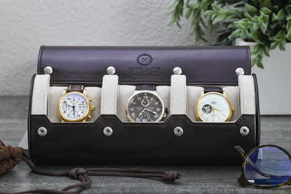 Luxury 3 watch travel case displaying three watches with premium ivory suede interior and espresso brown vegan leather exterior