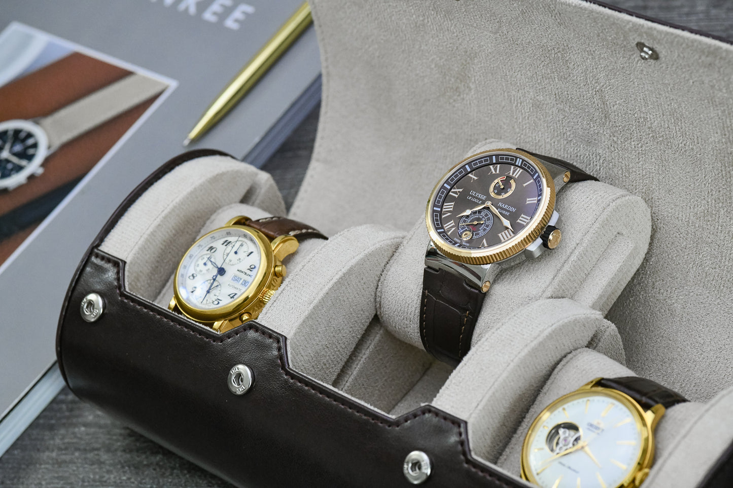 Close-up of ivory white suede watch cushions inside Espresso Brown luxury 3 watch roll organizer