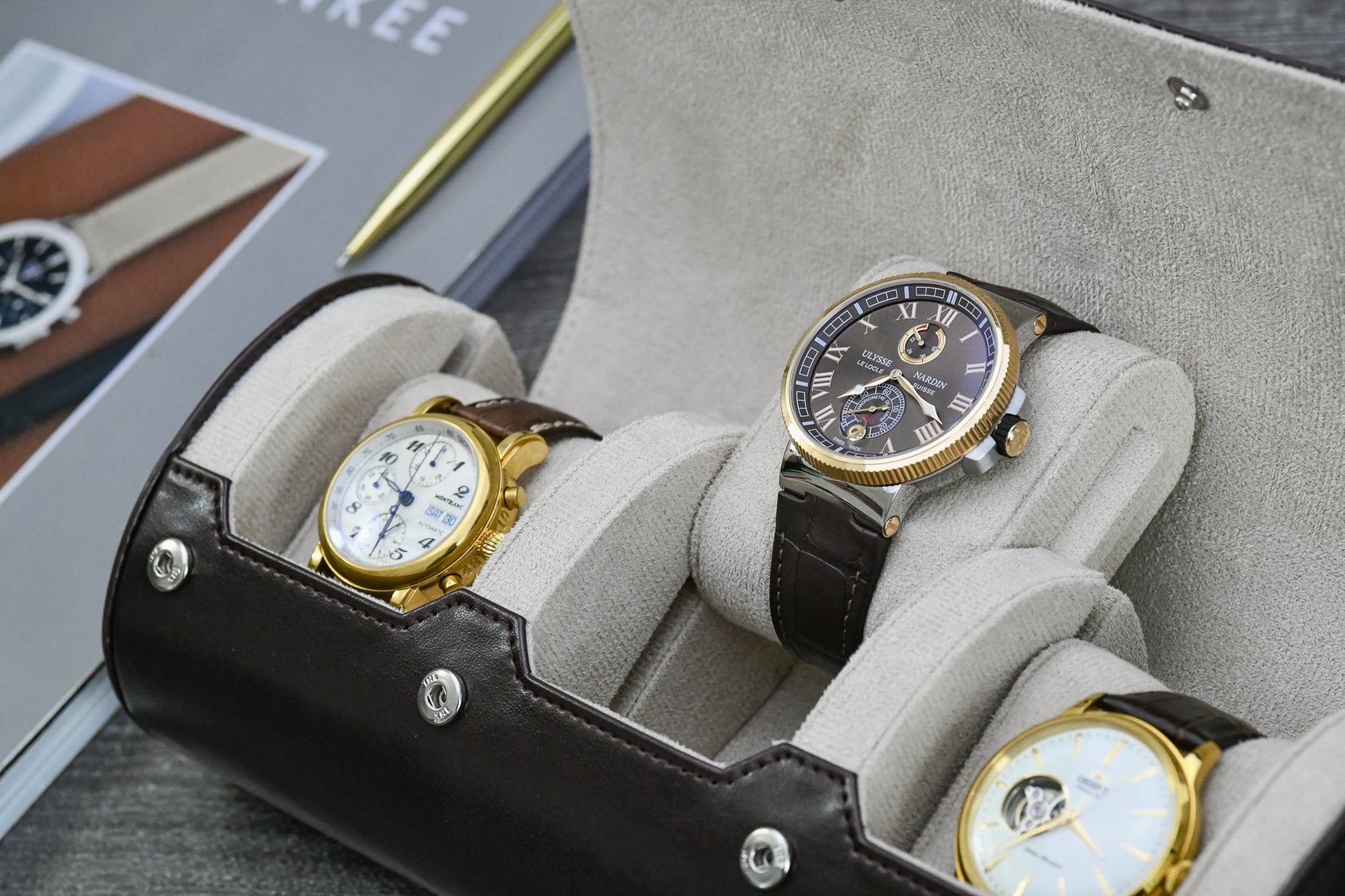 Close-up of ivory white suede watch cushions inside Espresso Brown luxury 3 watch roll organizer