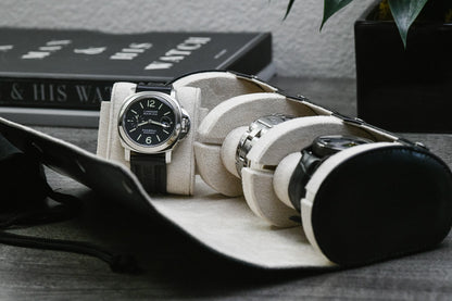 Jade Black luxury vegan leather 3 watch roll protecting watches during travel with soft ivory white suede lining