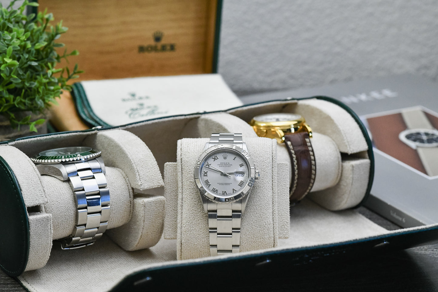 Royal Green luxury vegan leather 3 watch roll protecting Rolex Omega Tudor and Seiko watches during travel