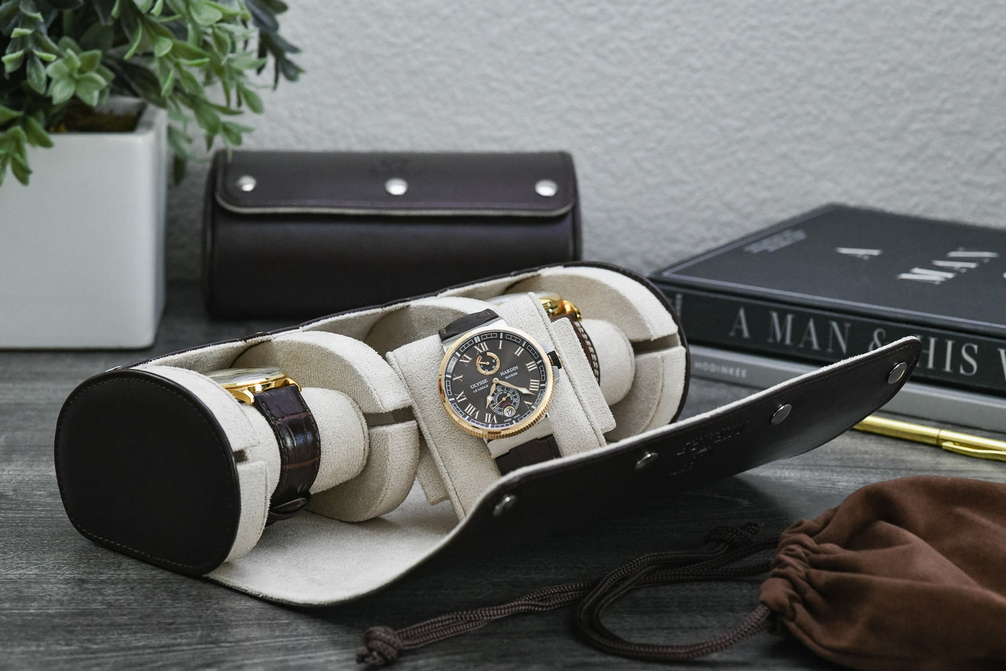 Espresso Brown 3 watch travel roll inside luggage protecting luxury watches during business travel and vacations