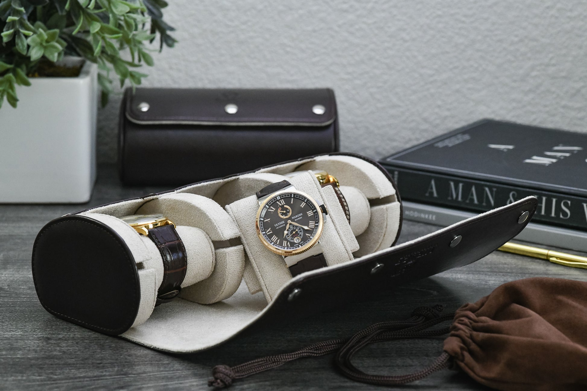 Espresso Brown 3 watch travel roll inside luggage protecting luxury watches during business travel and vacations