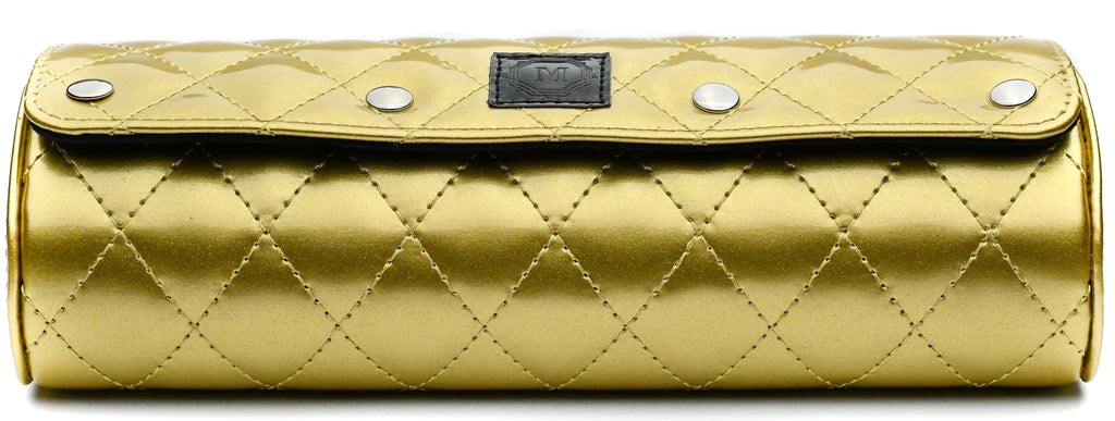 Women's Royal Gold premium vegan leather 3 watch roll with diamond quilted exterior and luxury watch storage for Rolex, Cartier, Omega, Longines, and other women's watches