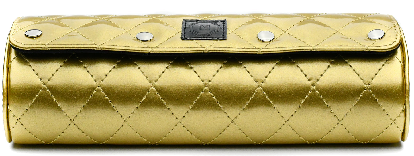 Women's Royal Gold premium vegan leather 3 watch roll with diamond quilted exterior and luxury watch storage for Rolex, Cartier, Omega, Longines, and other women's watches