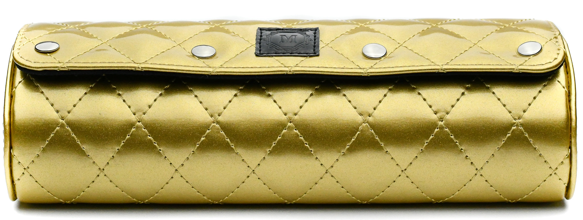 Women's Royal Gold premium vegan leather 3 watch roll with diamond quilted exterior and luxury watch storage for Rolex, Cartier, Omega, Longines, and other women's watches