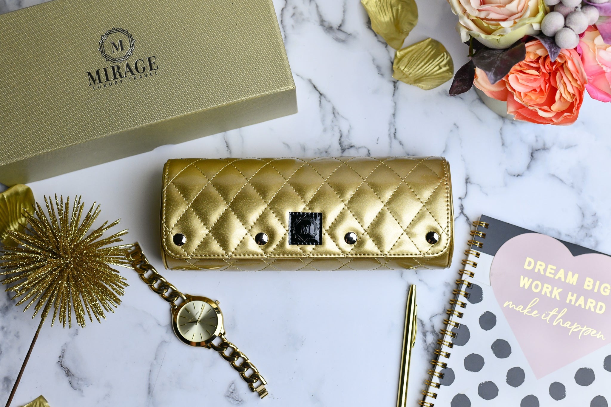 Women's Royal Gold premium vegan leather 3 watch roll with diamond quilted exterior displayed with luxury accessories, elegant gift-ready watch travel case for Rolex, Cartier, Omega, and luxury women's watches