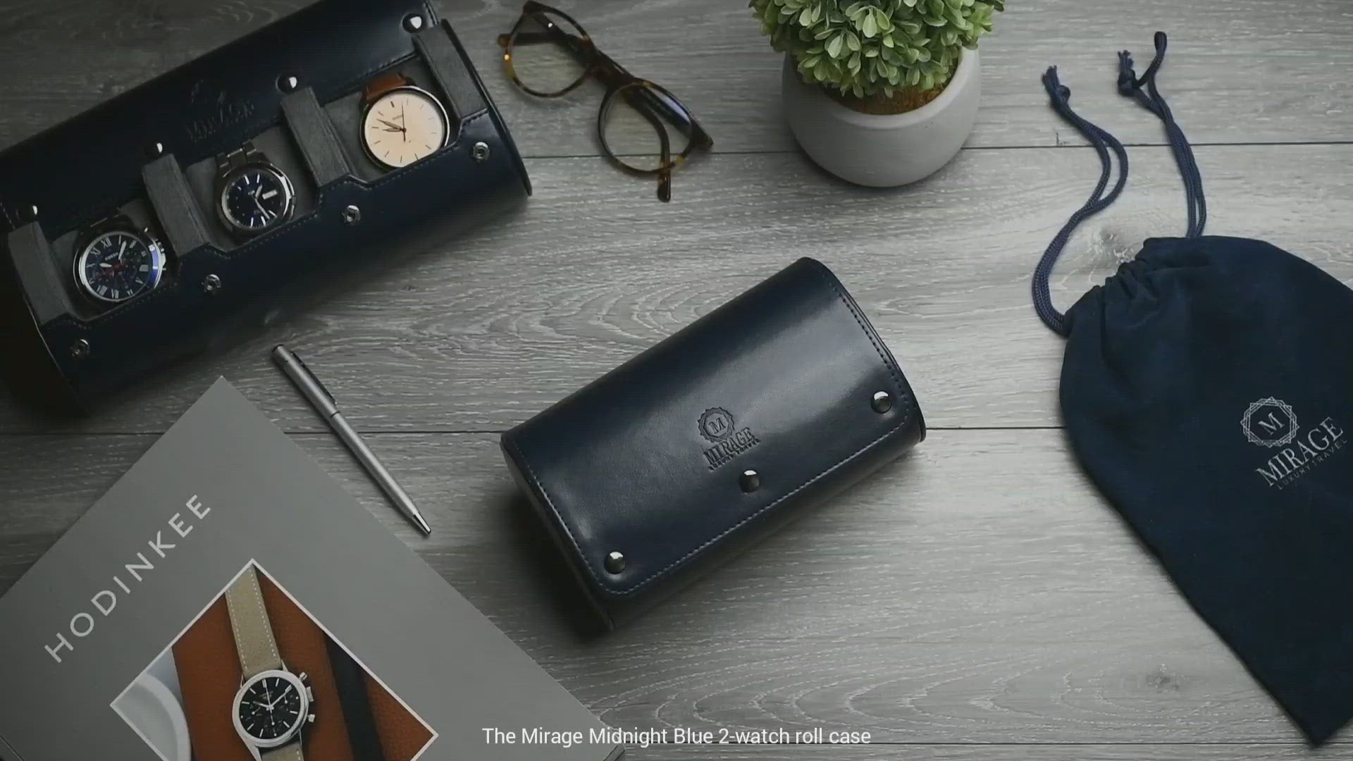 Video demonstrating the Midnight Blue vegan leather 2 watch roll for luxury watch storage, travel, and gifting.