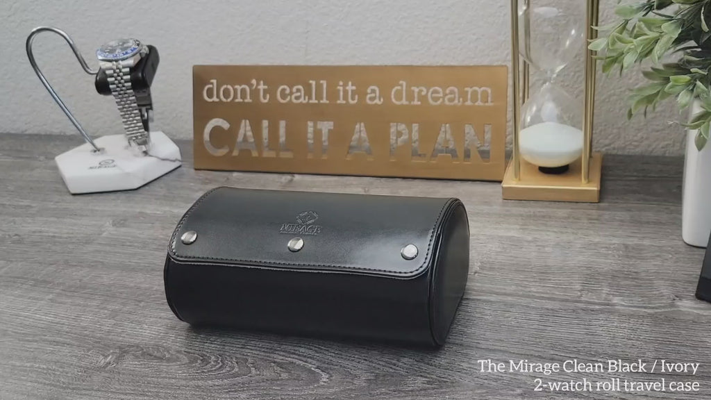 Video demonstrating the Jade Black vegan leather 2 watch roll with ivory white interior for luxury watch collectors.