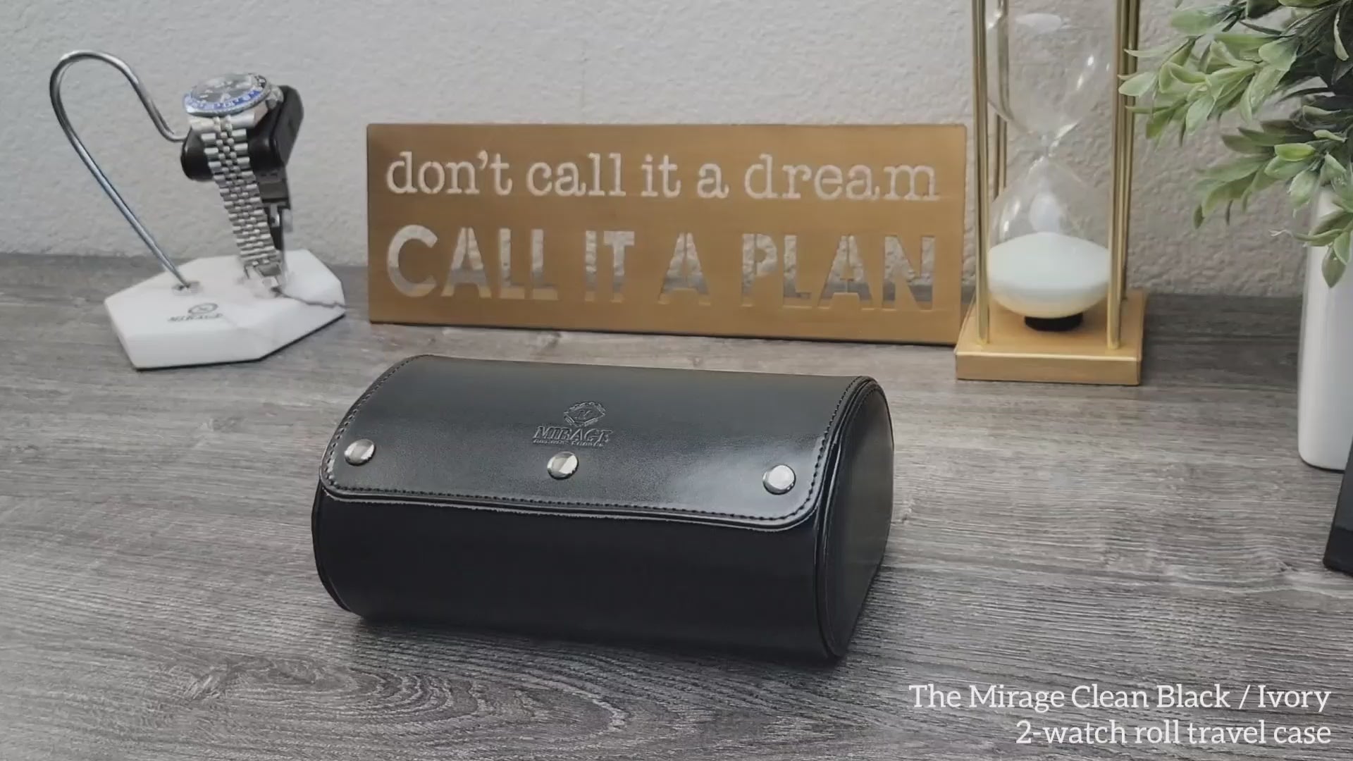 Video demonstrating the Jade Black vegan leather 2 watch roll with ivory white interior for luxury watch collectors.