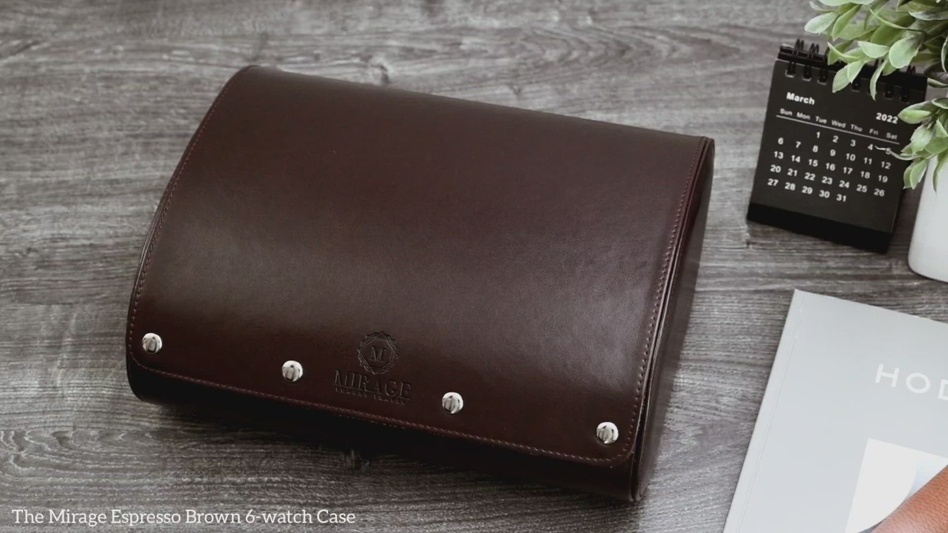 Video demonstration of the Espresso Brown premium vegan leather 6 watch travel case with sliding watch cushions