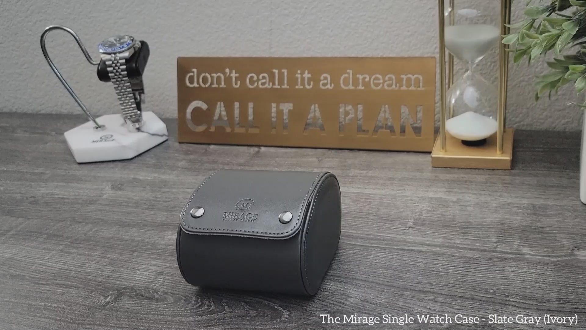 Video demonstrating the Slate Gray vegan leather 1 watch travel case with ivory white interior.