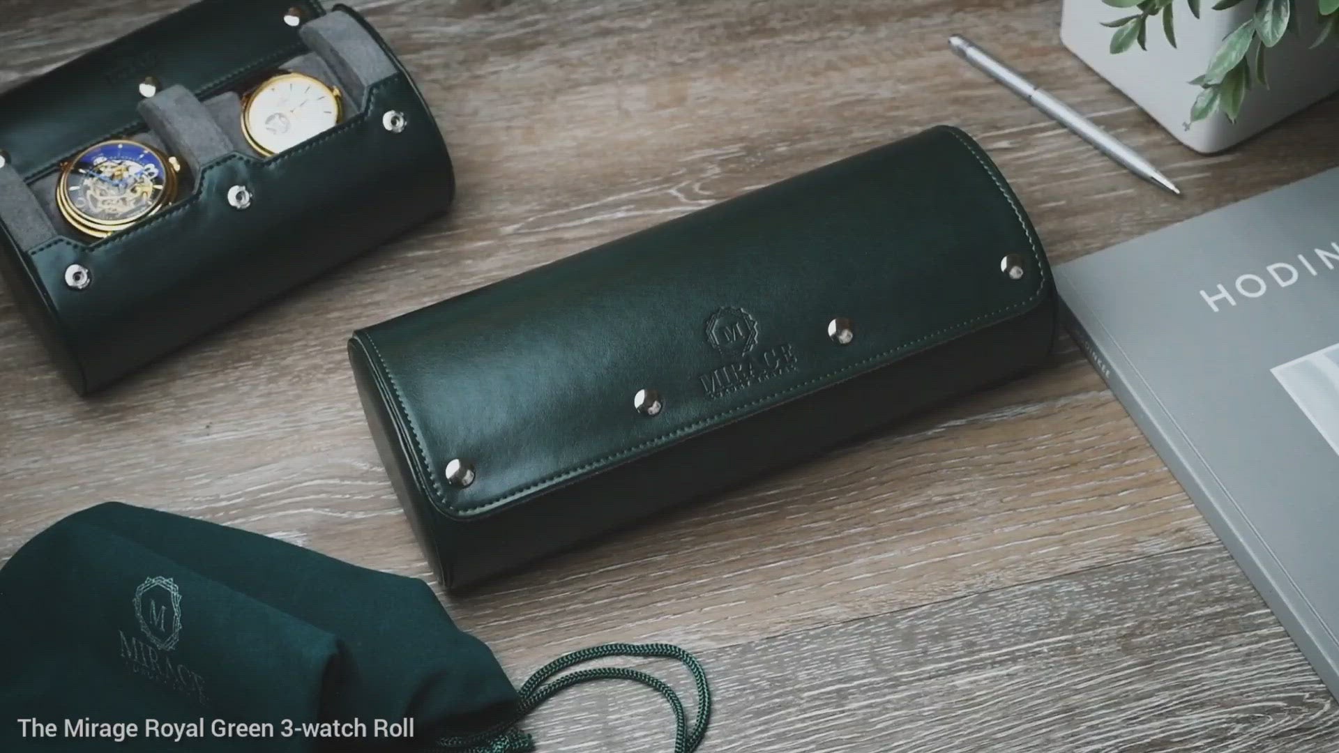Video showcasing the Royal Green premium vegan leather 3 watch roll travel case