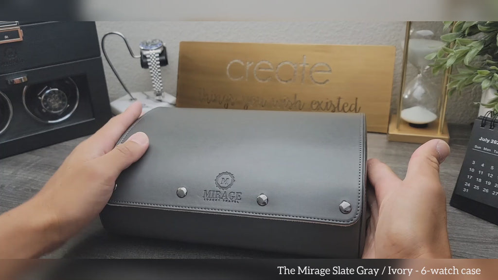 Video showcasing the Slate Gray 6 watch roll with ivory white suede interior and premium watch storage features