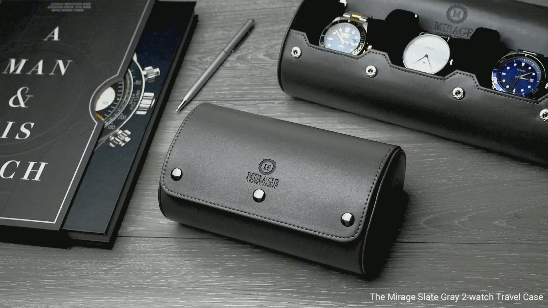 Video showcasing the Slate Gray vegan leather 2 watch roll for luxury watch storage, travel, and gifting.
