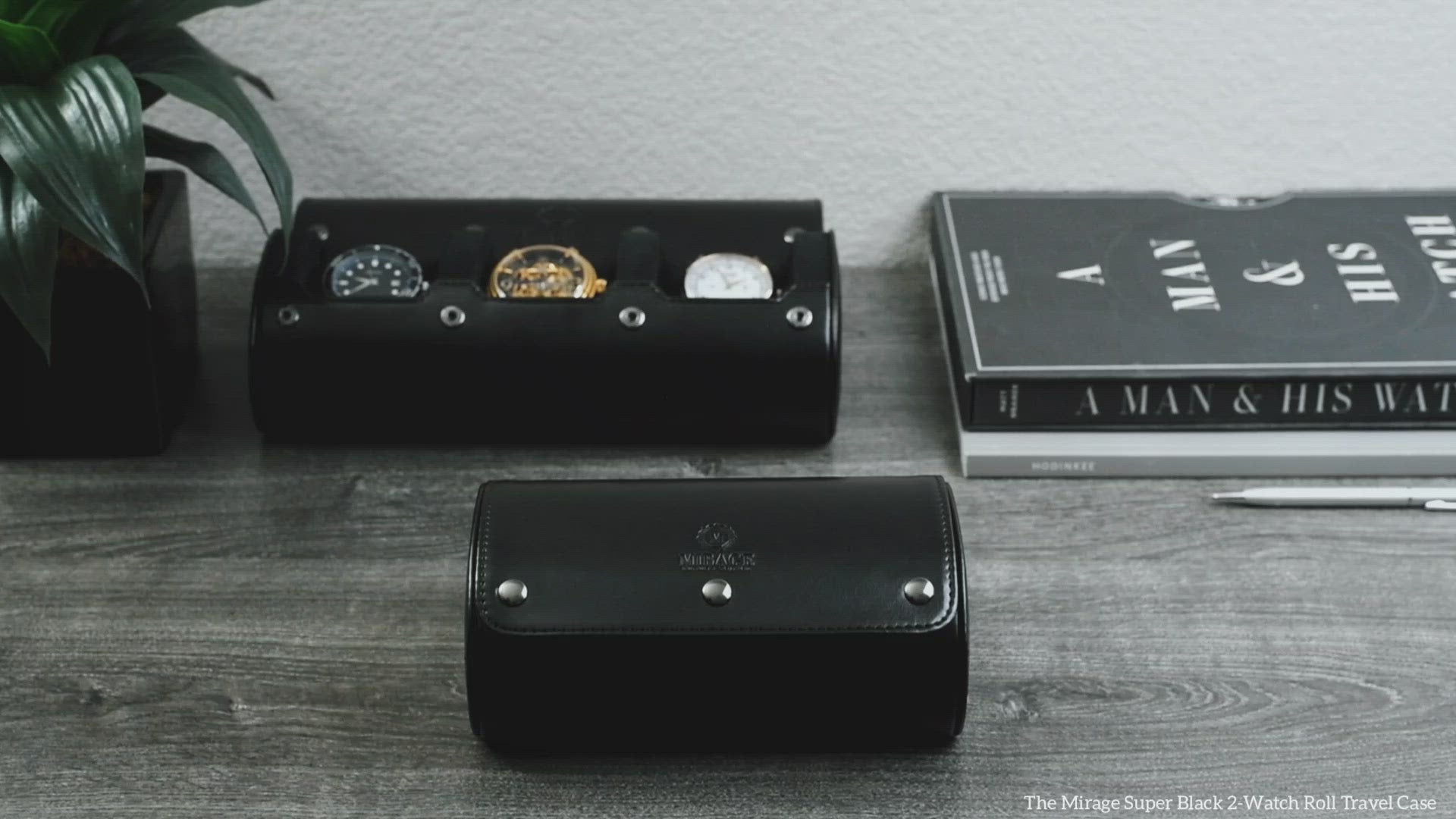 Video demonstrating the Super Black vegan leather 2 watch roll for luxury watch storage, travel, and gifting.