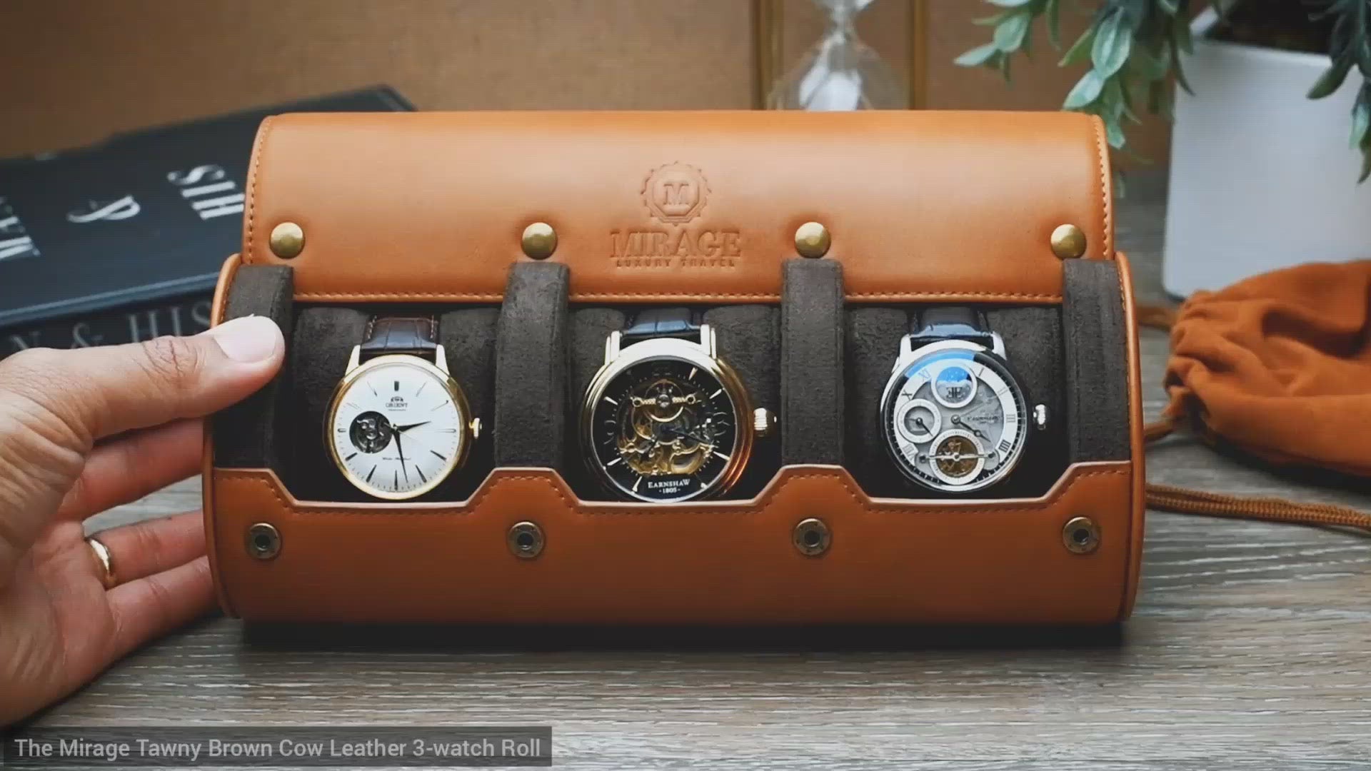 Video showcasing the craftsmanship, features, and protection of the Mirage Luxury Travel Tawny Brown 3 watch roll.