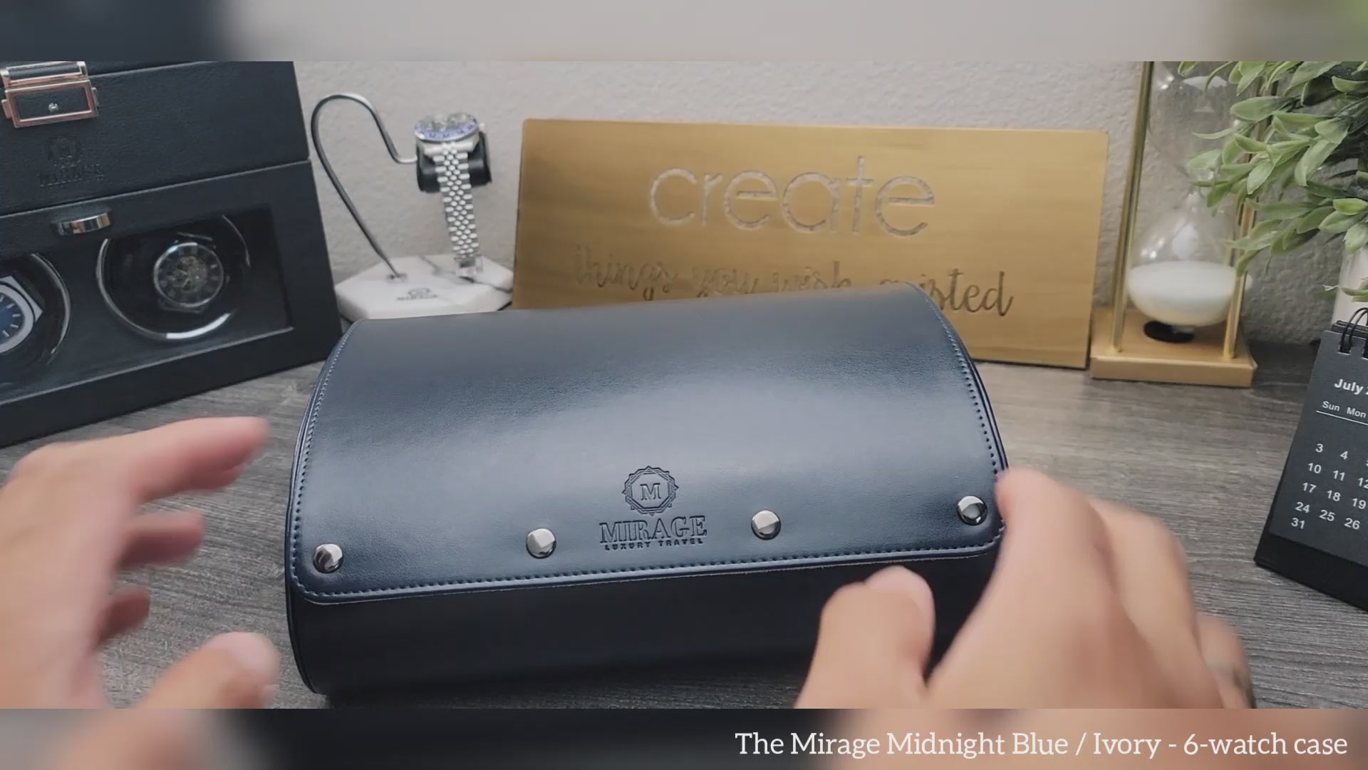Video demonstration of the Midnight Blue premium vegan leather 6 watch roll with ivory white suede interior