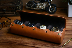 Tawny Brown Cow Leather Watch Roll - 4 orologi