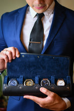 Charger l\&#39;image dans la visionneuse de la galerie, Sable Noir Saffiano Cuir Montre Roll Case 4-watches
