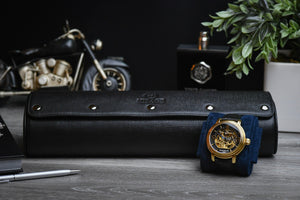 Sable Black Saffiano Leather Watch Roll Case für 4 Uhren