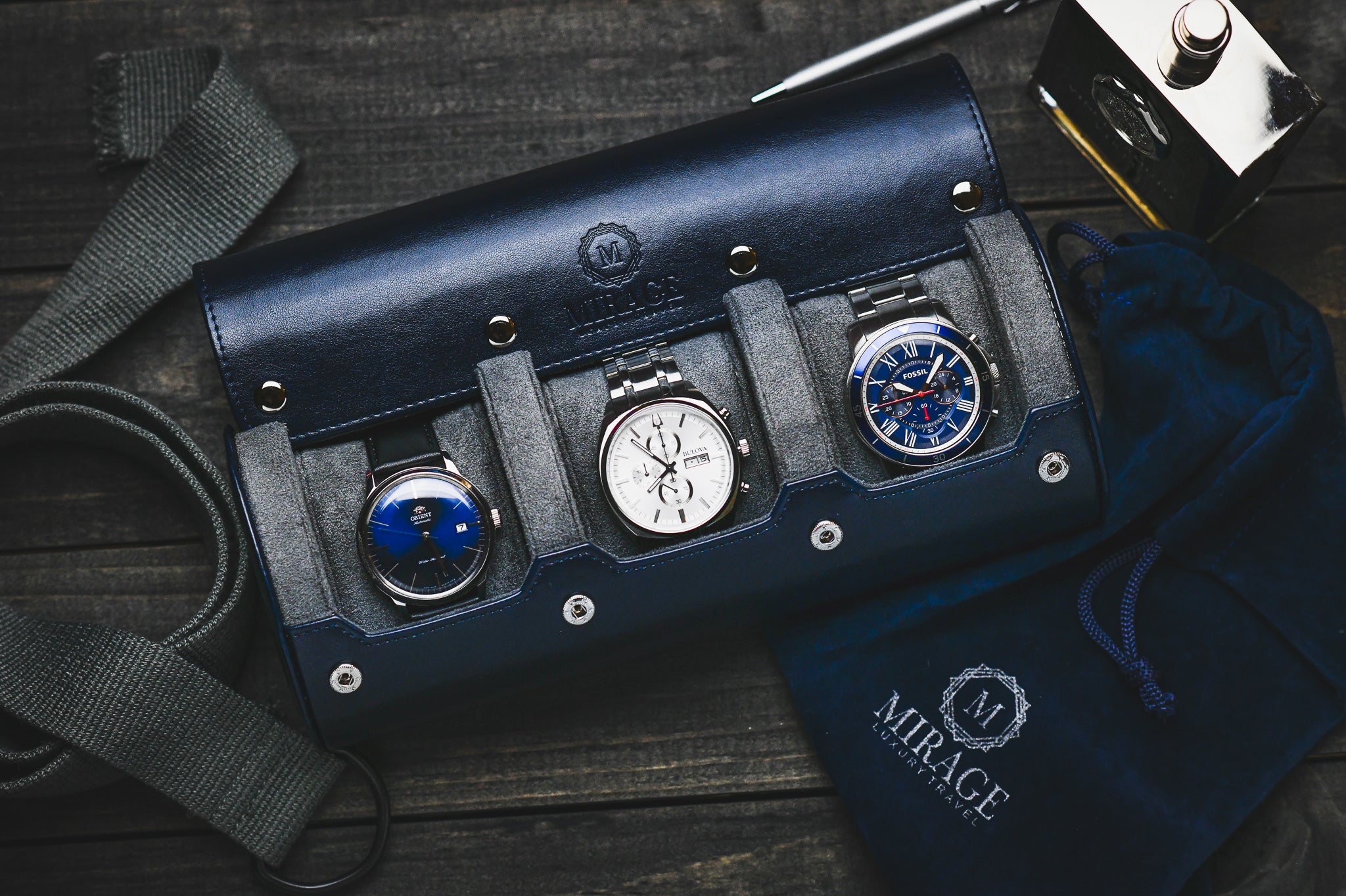Mirage watch roll blue 3 Watch Case MIRAGE LUXURY TRAVEL
