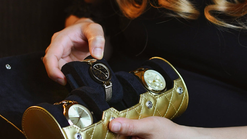 Using the Royal Gold women's 3 watch roll to safely store and organize luxury watches during travel