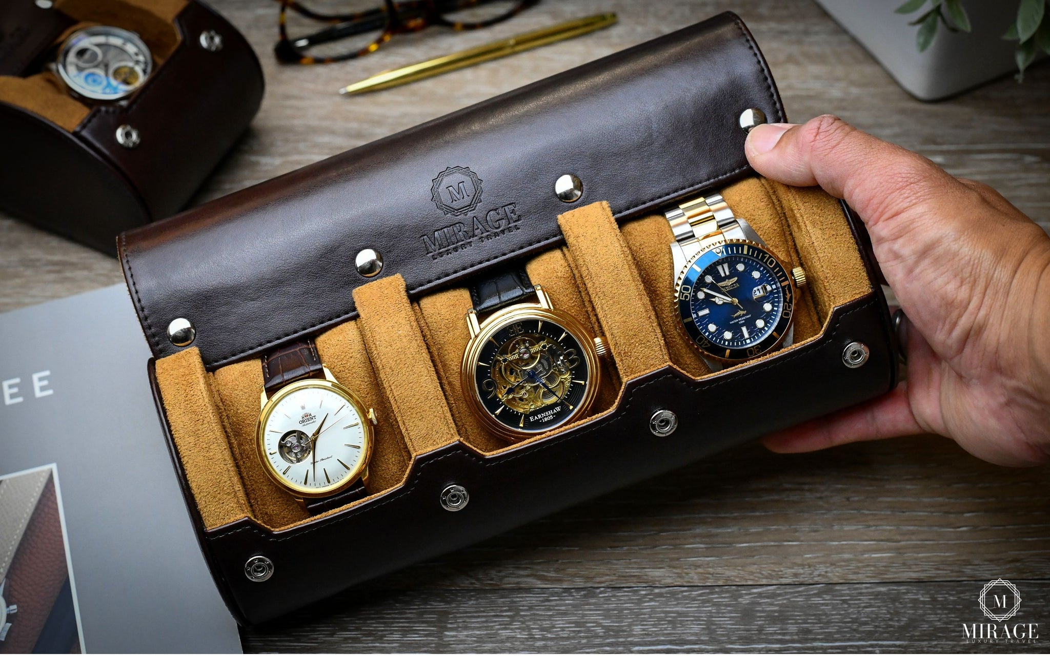 Mirage watch rolll Espresso Brown Watch Roll Case - 3 Watches